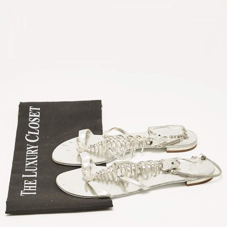 Pre Owned Giuseppe Zanotti Silver Leather Fishbone Embellished Ankle Strap Sandals Size 36
