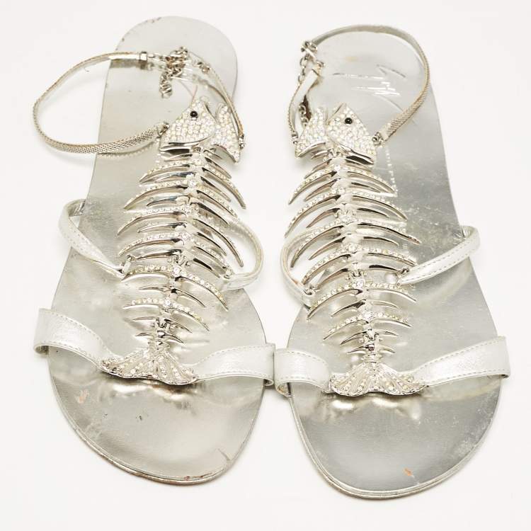 Pre Owned Giuseppe Zanotti Silver Leather Fishbone Embellished Ankle Strap Sandals Size 36