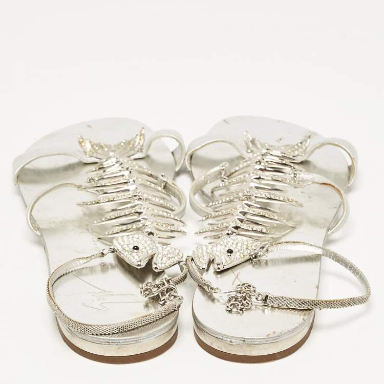 Pre Owned Giuseppe Zanotti Silver Leather Fishbone Embellished Ankle Strap Sandals Size 36
