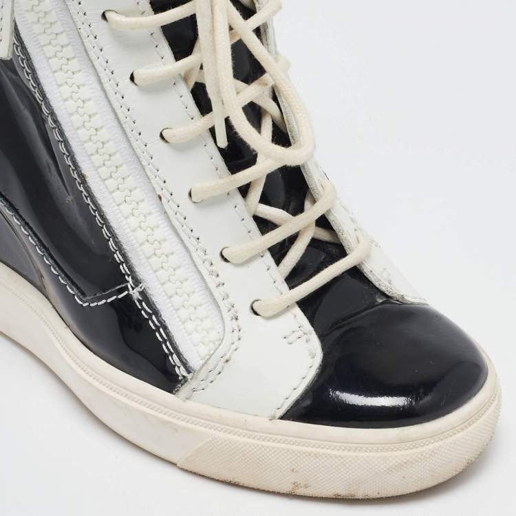Pre Owned Giuseppe Zanotti Black/White Leather and Patent Leather Lorenz Wedge Sneakers Size 36