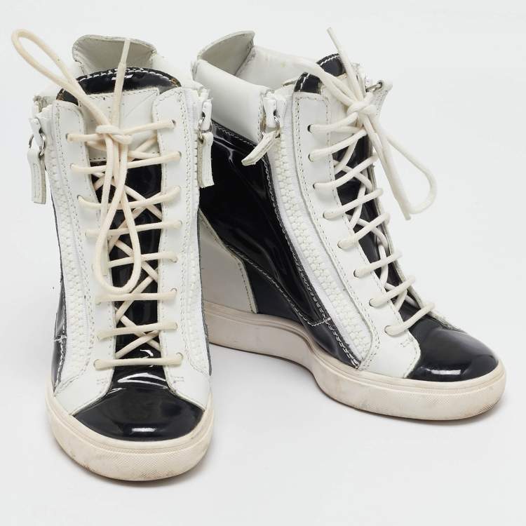 Pre Owned Giuseppe Zanotti Black/White Leather and Patent Leather Lorenz Wedge Sneakers Size 36