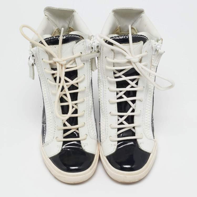 Pre Owned Giuseppe Zanotti Black/White Leather and Patent Leather Lorenz Wedge Sneakers Size 36