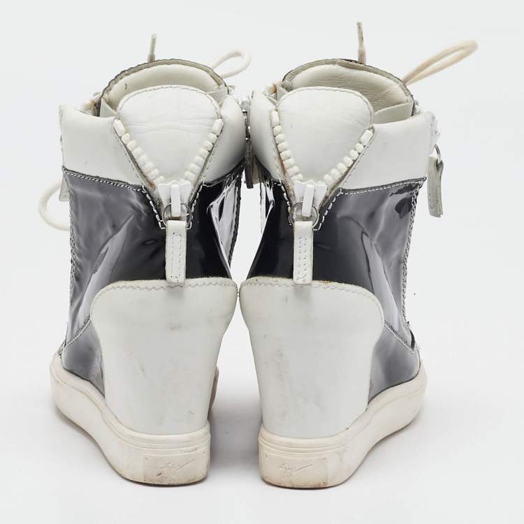 Pre Owned Giuseppe Zanotti Black/White Leather and Patent Leather Lorenz Wedge Sneakers Size 36