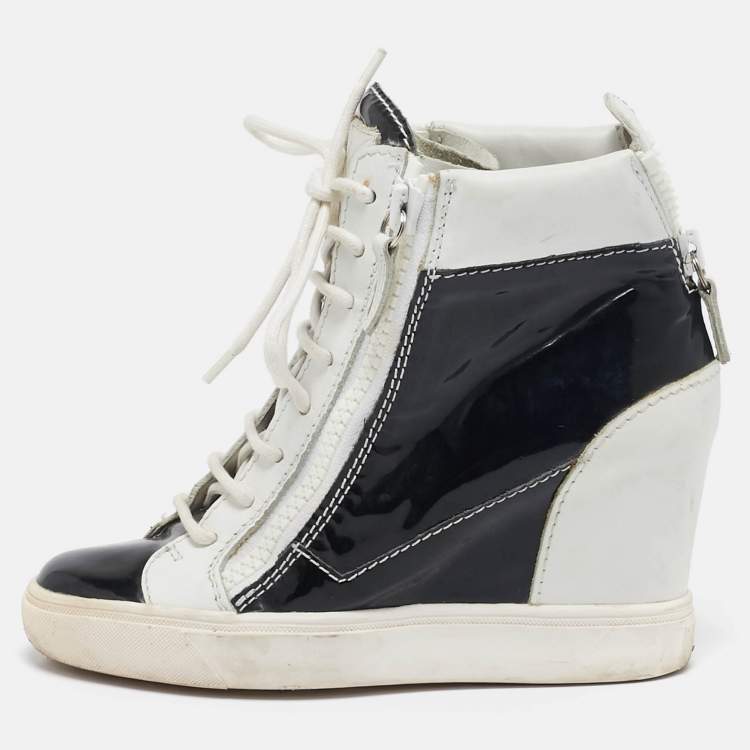 Pre Owned Giuseppe Zanotti Black/White Leather and Patent Leather Lorenz Wedge Sneakers Size 36