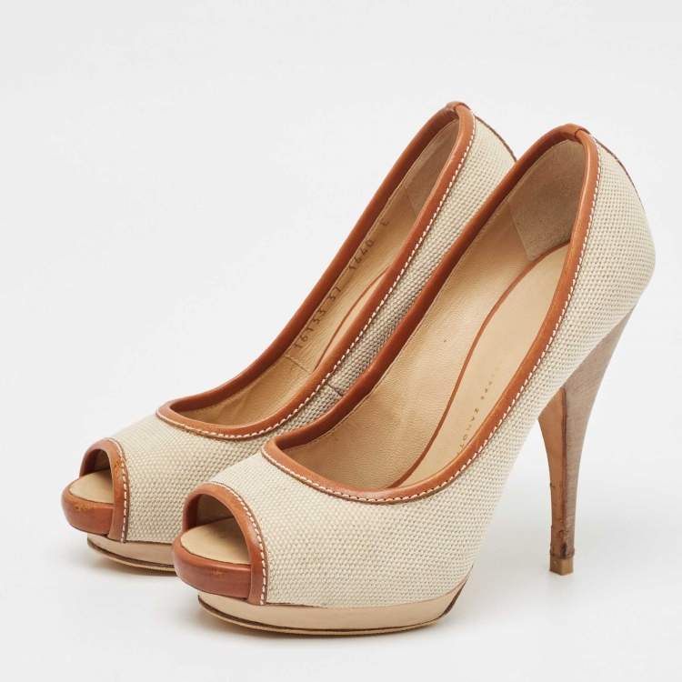 Pre Owned Giuseppe Zanotti Beige/Brown Canvas Peep Toe Platform Pumps Size 37