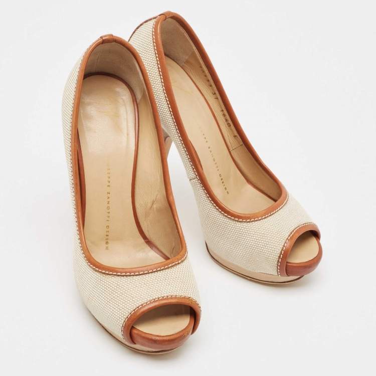 Pre Owned Giuseppe Zanotti Beige/Brown Canvas Peep Toe Platform Pumps Size 37