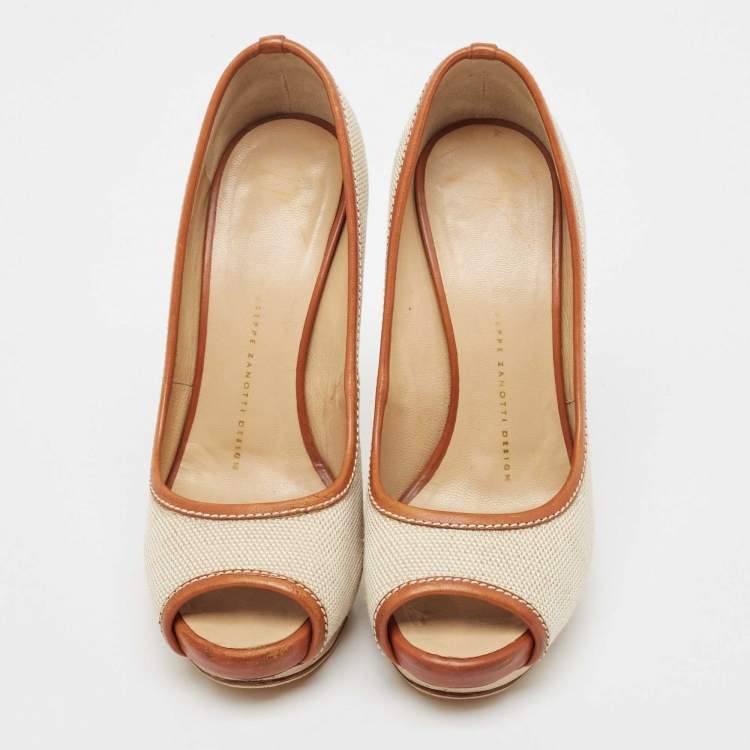 Pre Owned Giuseppe Zanotti Beige/Brown Canvas Peep Toe Platform Pumps Size 37