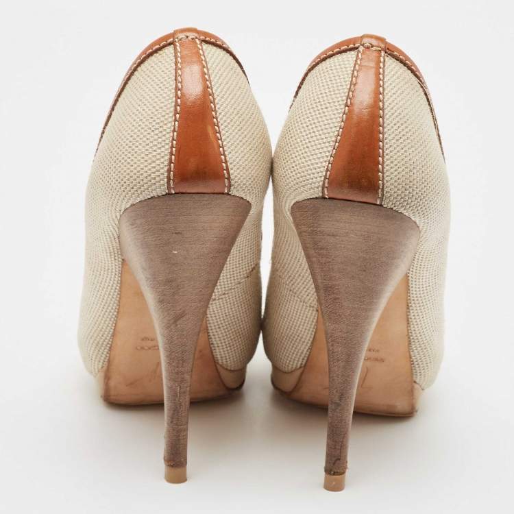 Pre Owned Giuseppe Zanotti Beige/Brown Canvas Peep Toe Platform Pumps Size 37