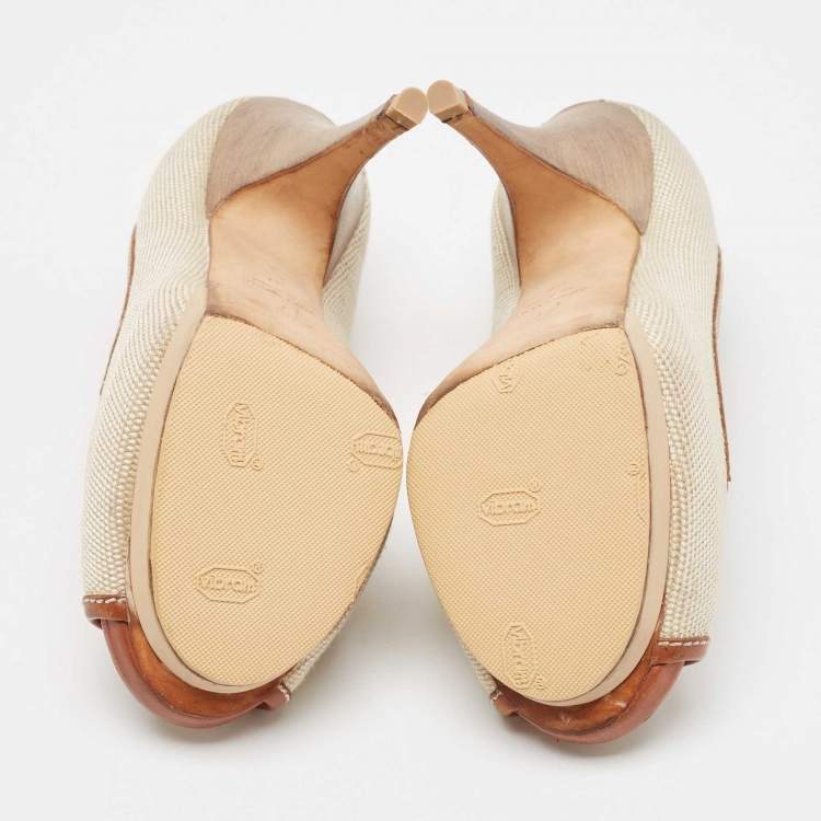 Pre Owned Giuseppe Zanotti Beige/Brown Canvas Peep Toe Platform Pumps Size 37