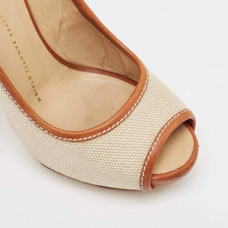 Pre Owned Giuseppe Zanotti Beige/Brown Canvas Peep Toe Platform Pumps Size 37
