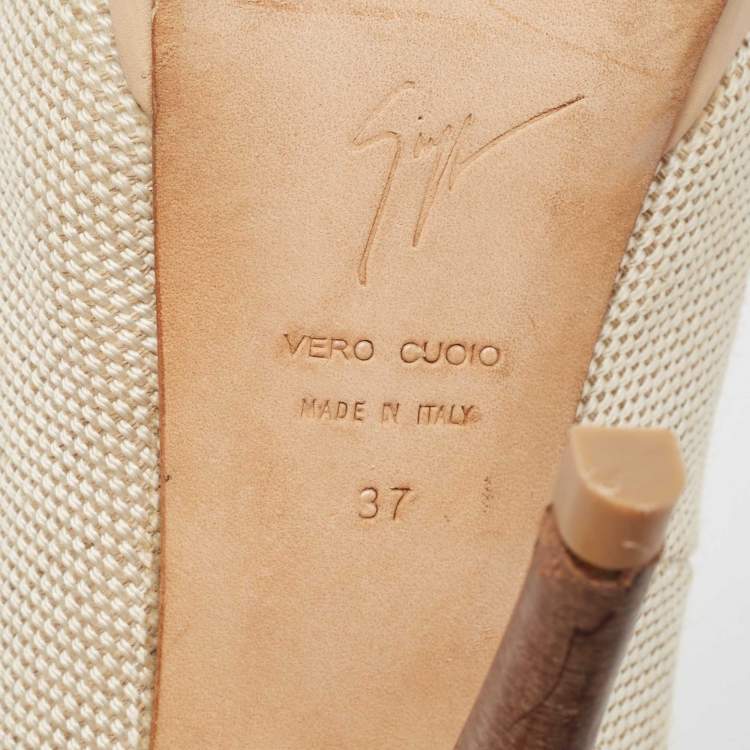 Pre Owned Giuseppe Zanotti Beige/Brown Canvas Peep Toe Platform Pumps Size 37
