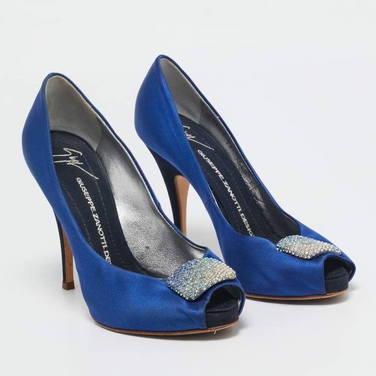 Pre Owned Giuseppe Zanotti Blue Satin Crystal Embellished Peep Toe Platform Pumps Size 37