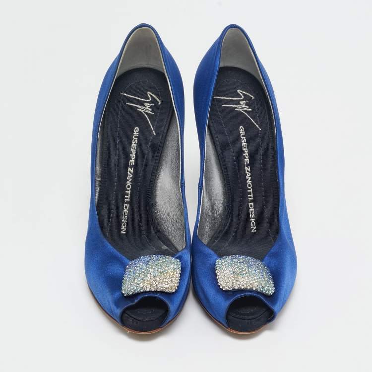 Pre Owned Giuseppe Zanotti Blue Satin Crystal Embellished Peep Toe Platform Pumps Size 37