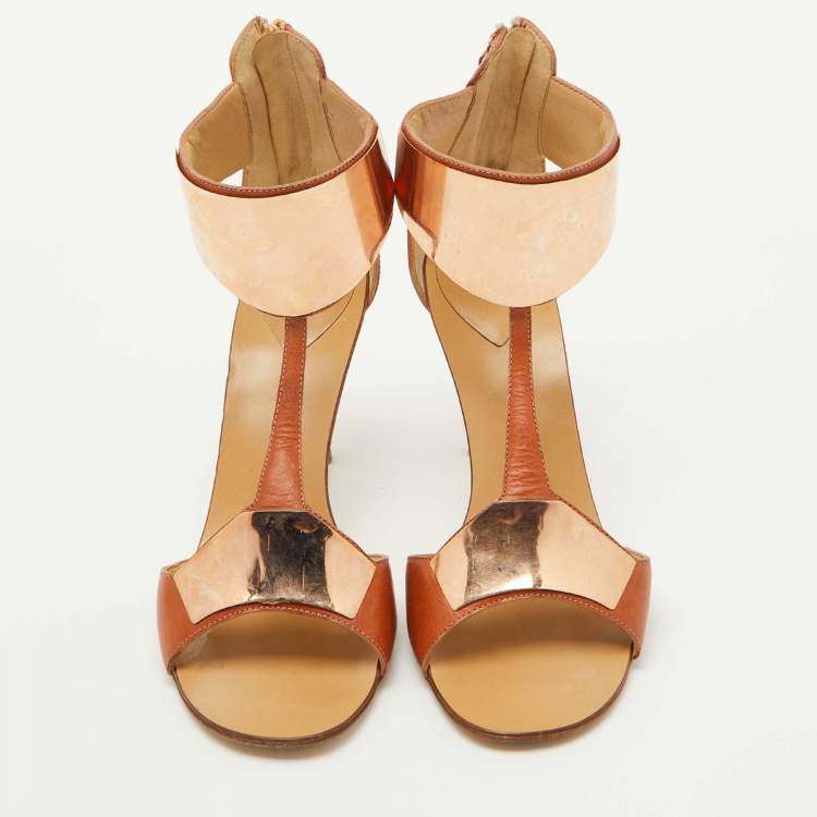 Pre Owned Giuseppe Zanotti Tan Leather Metal Detail T-Strap Sandals Size 37.5