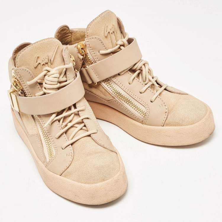Pre Owned Giuseppe Zanotti Beige  Suede and Leather Double Zipper High Top Sneakers Size 37