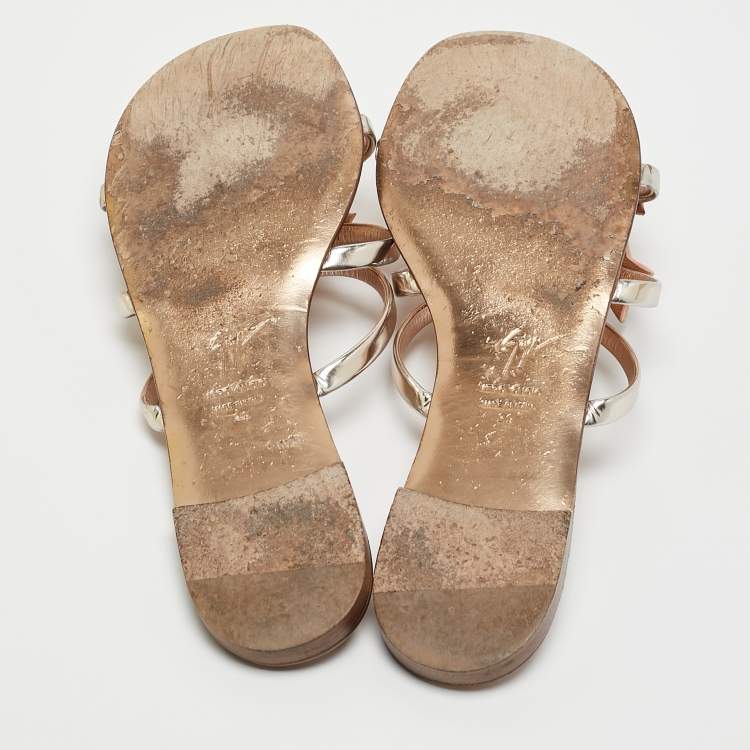 Pre Owned Giuseppe Zanotti Metallic Leather and Suede Star Flat Slides Size 39