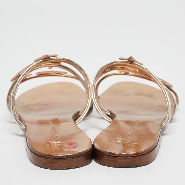 Pre Owned Giuseppe Zanotti Metallic Leather and Suede Star Flat Slides Size 39