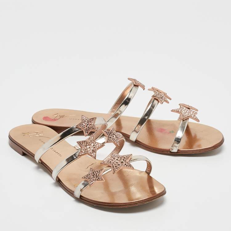 Pre Owned Giuseppe Zanotti Metallic Leather and Suede Star Flat Slides Size 39