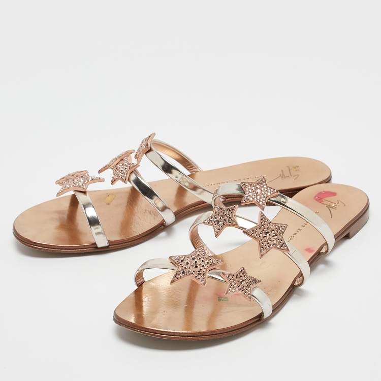 Pre Owned Giuseppe Zanotti Metallic Leather and Suede Star Flat Slides Size 39