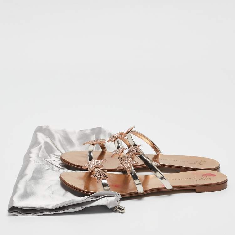 Pre Owned Giuseppe Zanotti Metallic Leather and Suede Star Flat Slides Size 39