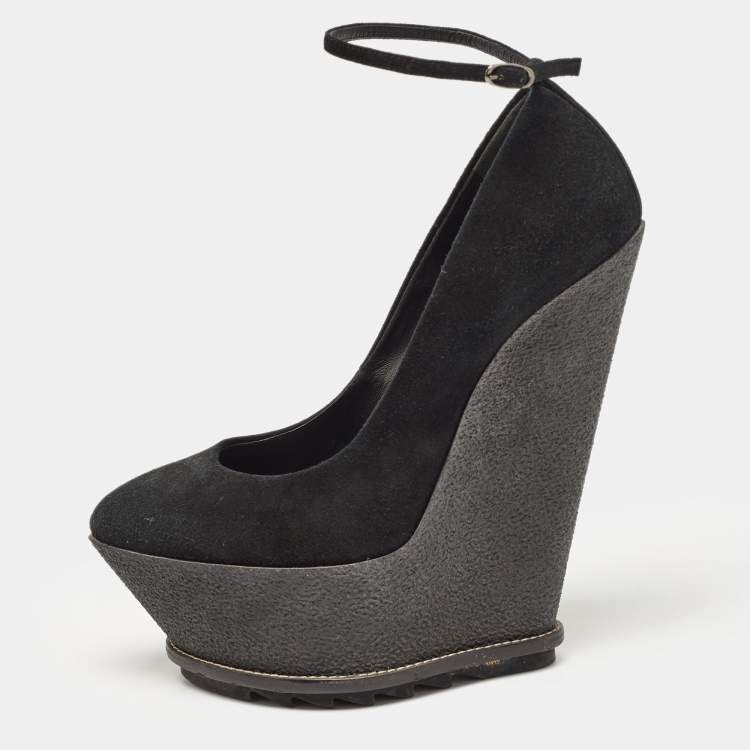 Pre Owned Giuseppe Zanotti Black Suede Wedge Platform Ankle Strap Pumps Size 39