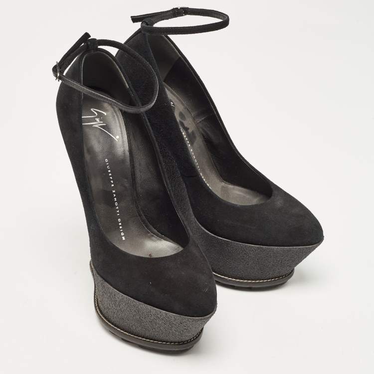 Pre Owned Giuseppe Zanotti Black Suede Wedge Platform Ankle Strap Pumps Size 39