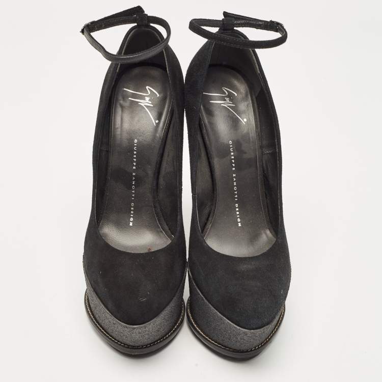 Pre Owned Giuseppe Zanotti Black Suede Wedge Platform Ankle Strap Pumps Size 39