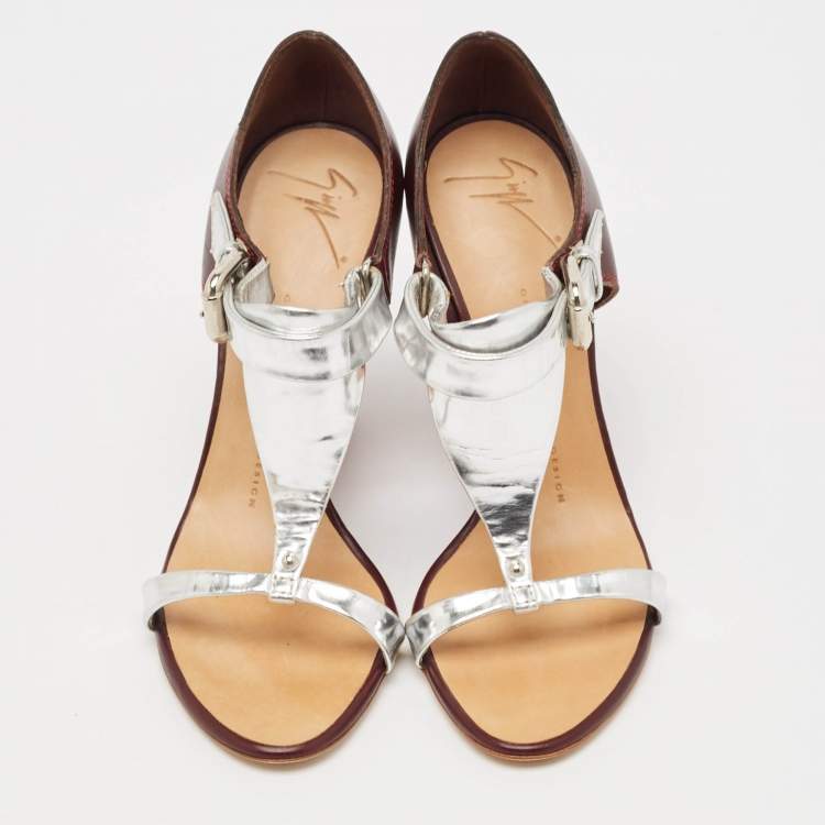 Pre Owned Giuseppe Zanotti Tricolor Leather Ankle Strap Block Heel Sandals Size 37.5