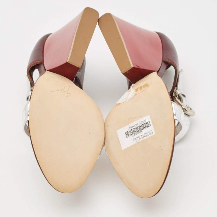 Pre Owned Giuseppe Zanotti Tricolor Leather Ankle Strap Block Heel Sandals Size 37.5