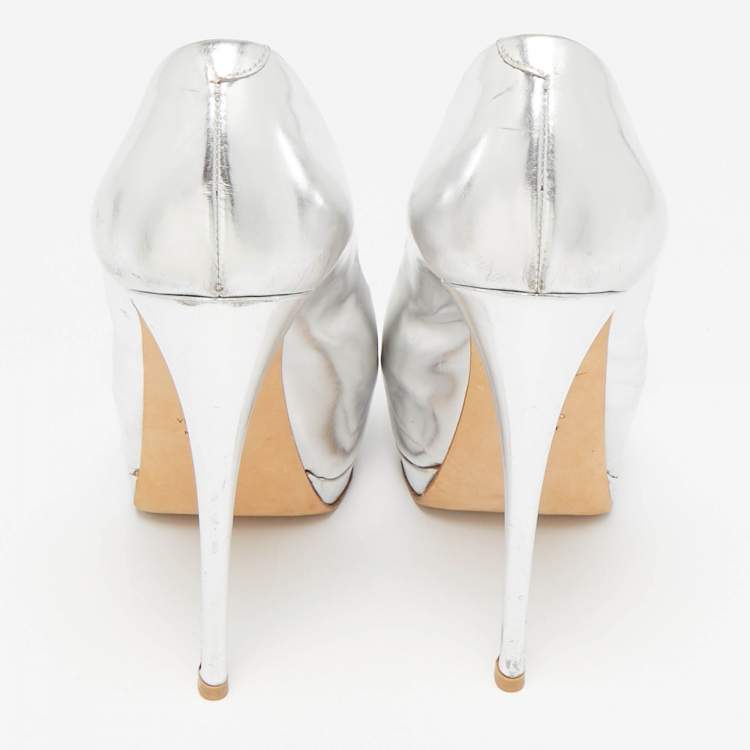 Pre Owned Giuseppe Zanotti Silver Leather Bow Peep Toe Platform Pumps Size 37.5
