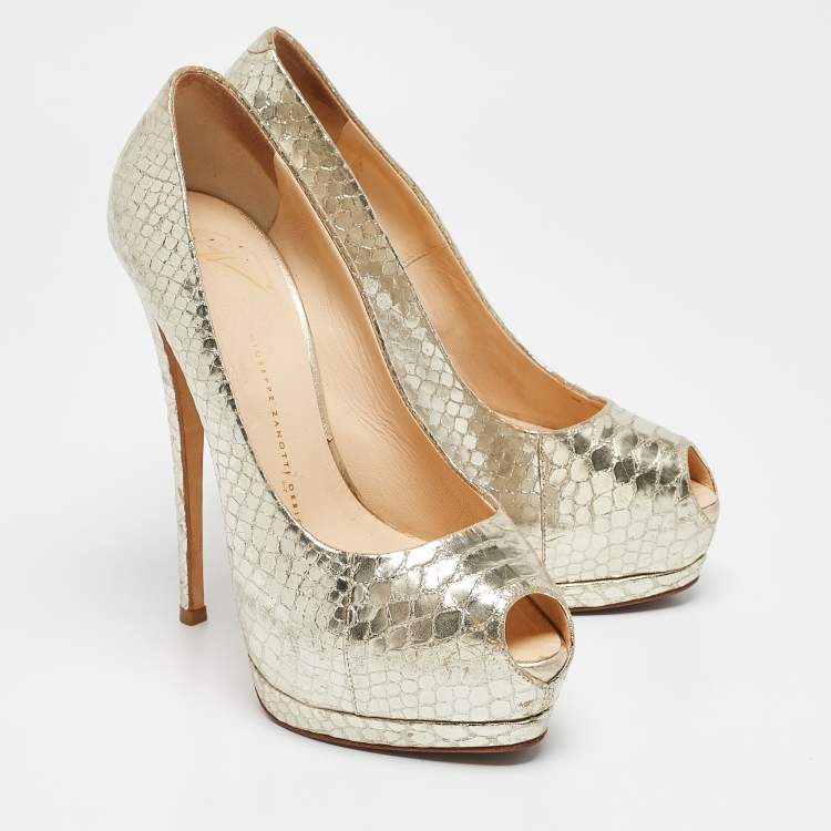 Pre Owned Giuseppe Zanotti Gold Python Embossed Leather Peep Toe Platform Pumps Size 38