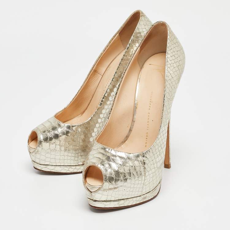 Pre Owned Giuseppe Zanotti Gold Python Embossed Leather Peep Toe Platform Pumps Size 38