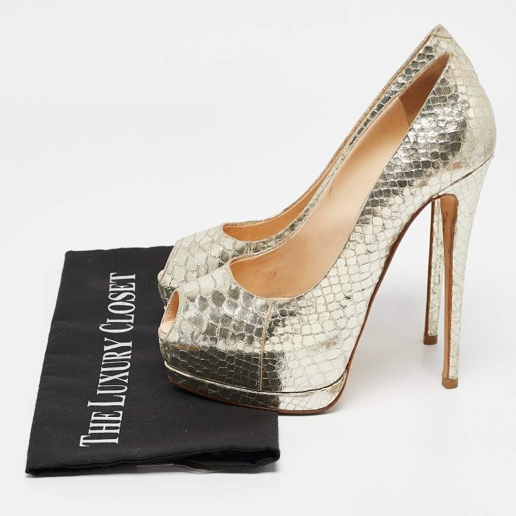 Pre Owned Giuseppe Zanotti Gold Python Embossed Leather Peep Toe Platform Pumps Size 38