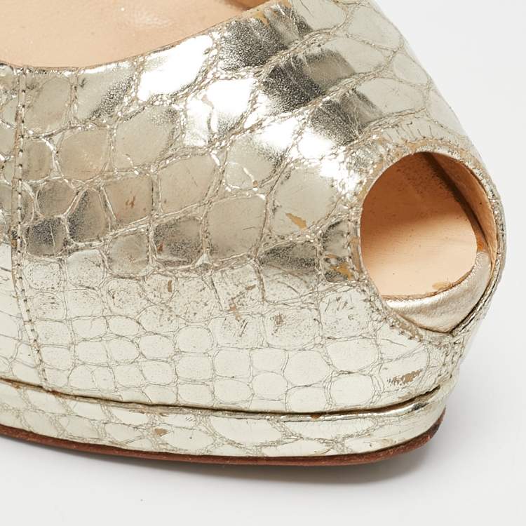 Pre Owned Giuseppe Zanotti Gold Python Embossed Leather Peep Toe Platform Pumps Size 38