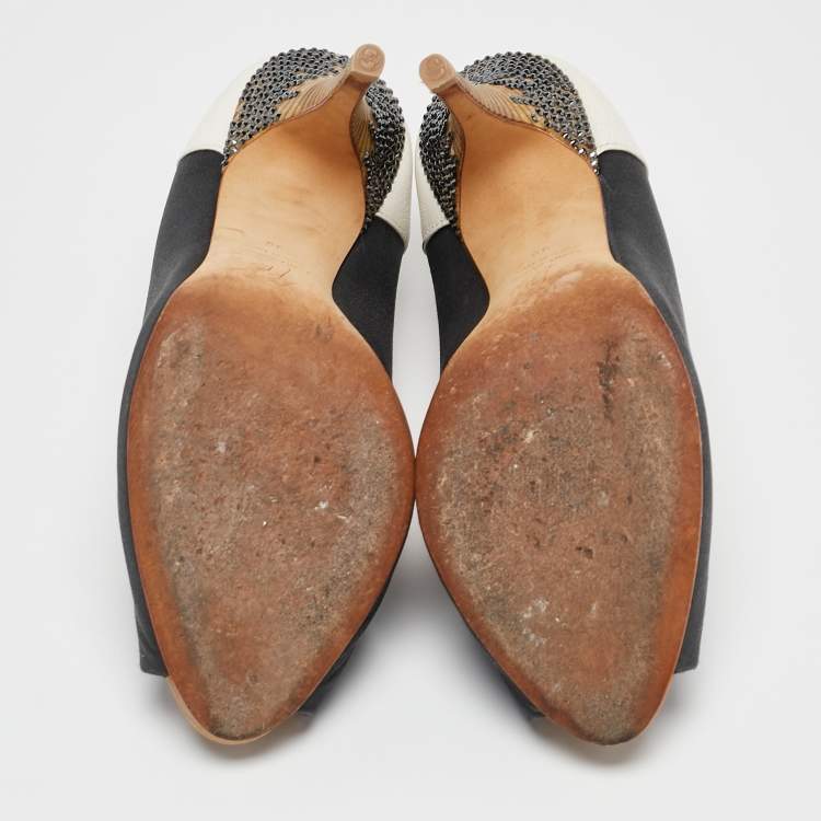 Pre Owned Giuseppe Zanotti Tricolor Leather and Satin Peep Toe Pumps Size 38