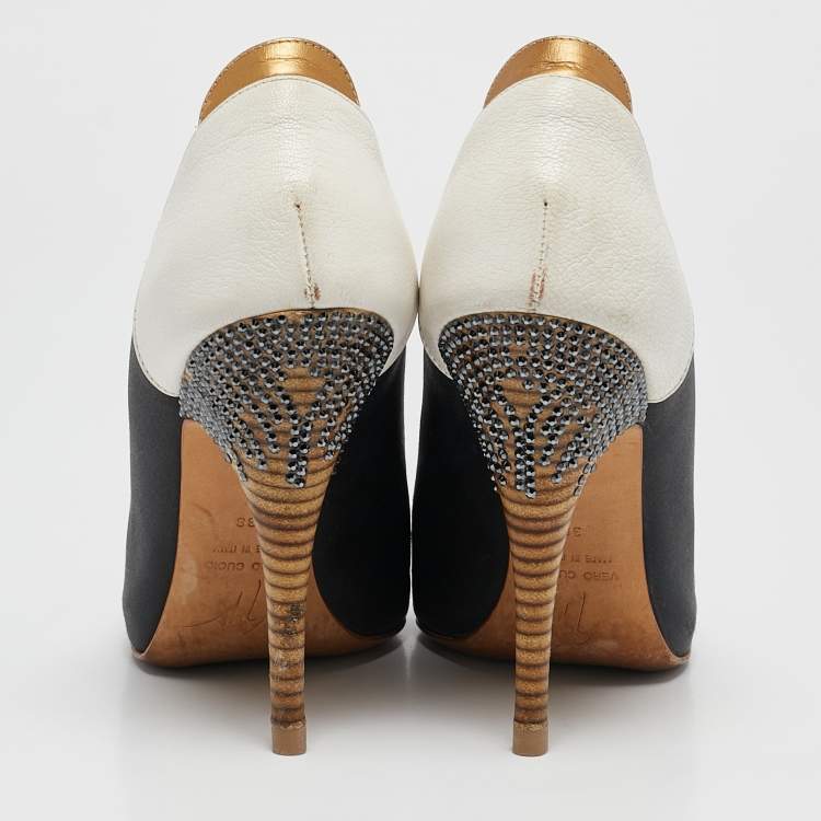 Pre Owned Giuseppe Zanotti Tricolor Leather and Satin Peep Toe Pumps Size 38