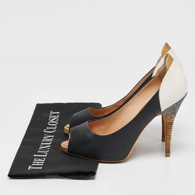 Pre Owned Giuseppe Zanotti Tricolor Leather and Satin Peep Toe Pumps Size 38