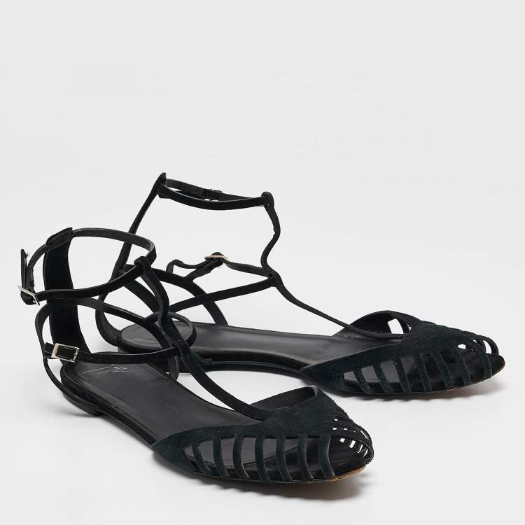 Pre Owned Giuseppe Zanotti Black Suede Ankle Strap Ballet Flats Size 41