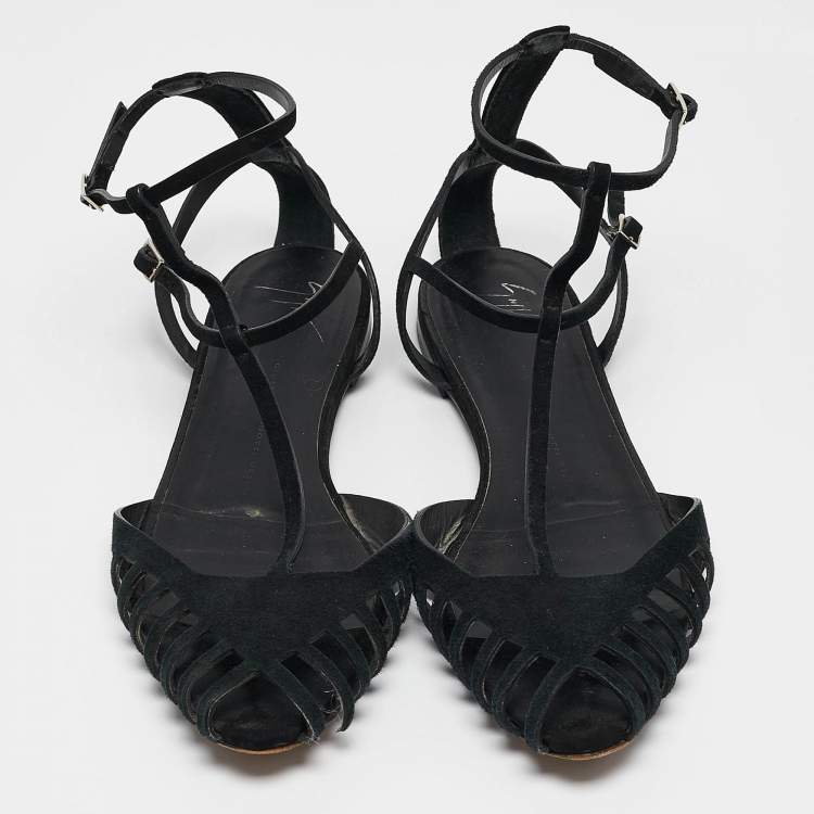 Pre Owned Giuseppe Zanotti Black Suede Ankle Strap Ballet Flats Size 41