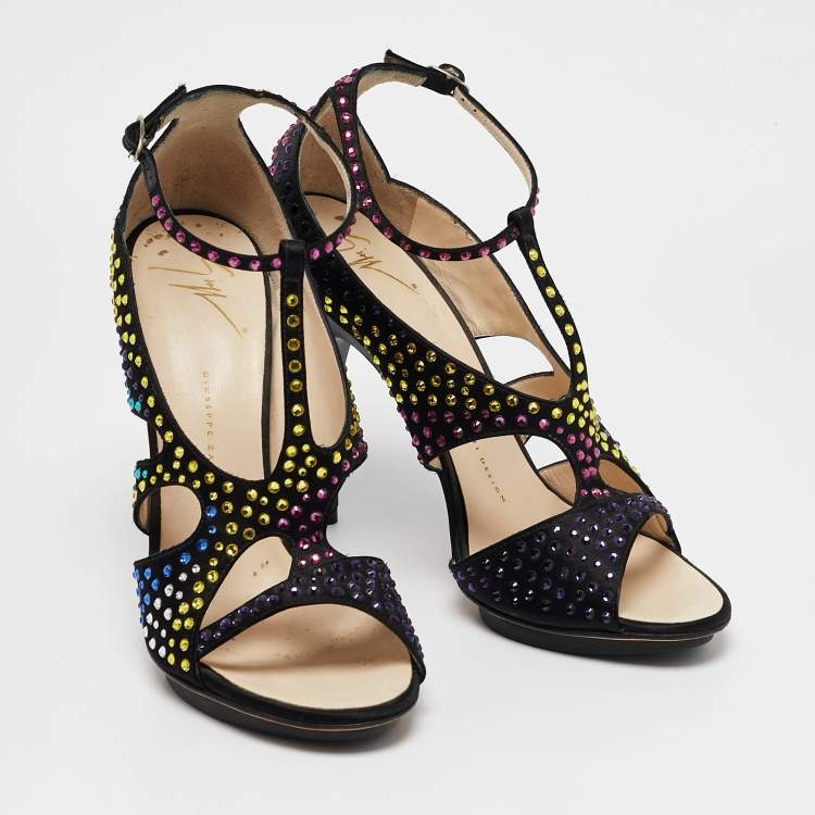 Pre Owned Giuseppe Zanotti Black Satin Crystal Embellished Strappy Sandals Size 39