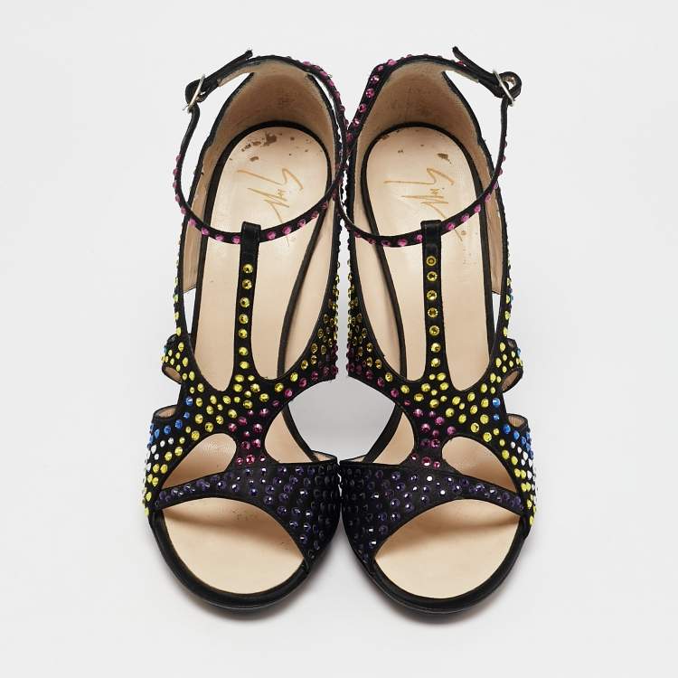 Pre Owned Giuseppe Zanotti Black Satin Crystal Embellished Strappy Sandals Size 39