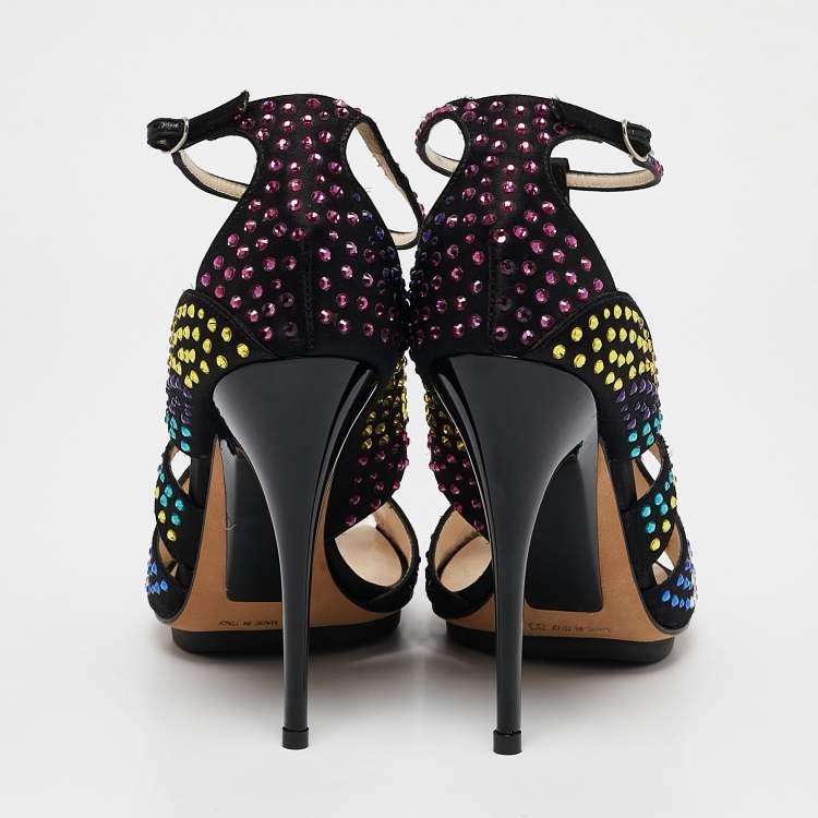 Pre Owned Giuseppe Zanotti Black Satin Crystal Embellished Strappy Sandals Size 39