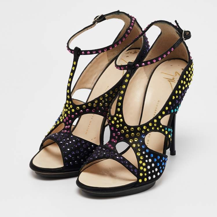 Pre Owned Giuseppe Zanotti Black Satin Crystal Embellished Strappy Sandals Size 39
