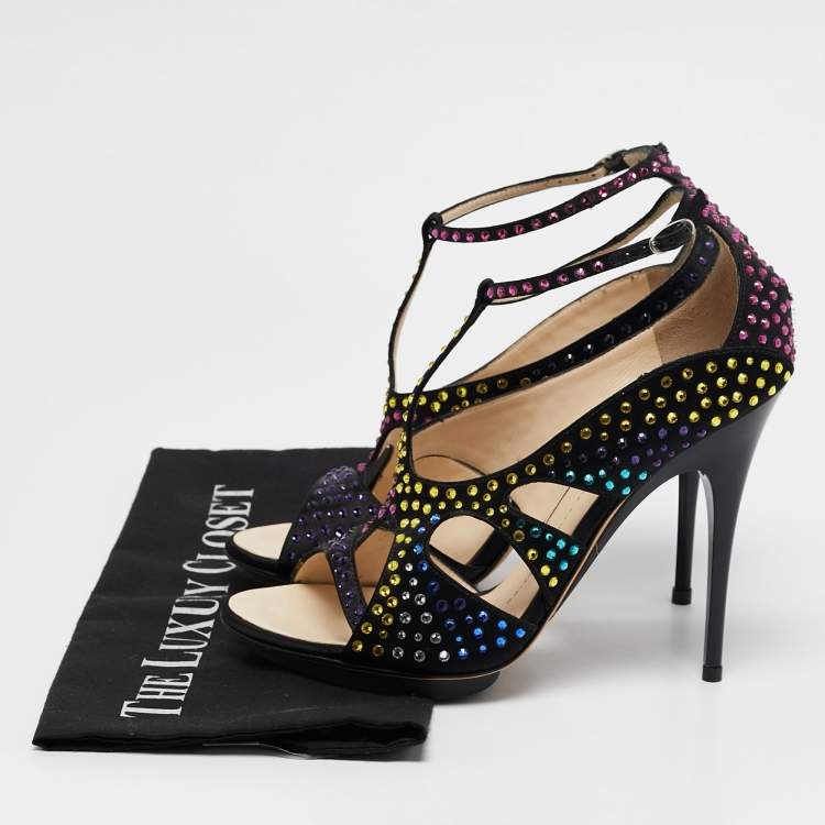 Pre Owned Giuseppe Zanotti Black Satin Crystal Embellished Strappy Sandals Size 39