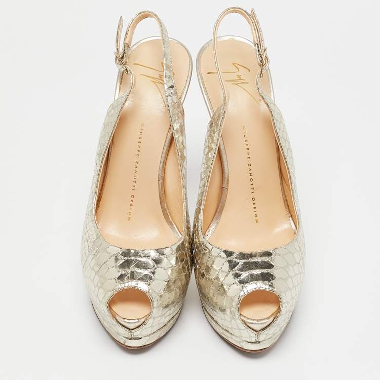 Pre Owned Giuseppe Zanotti Gold Python Embossed Leather Peep Toe Slingback Sandals Size 37.5