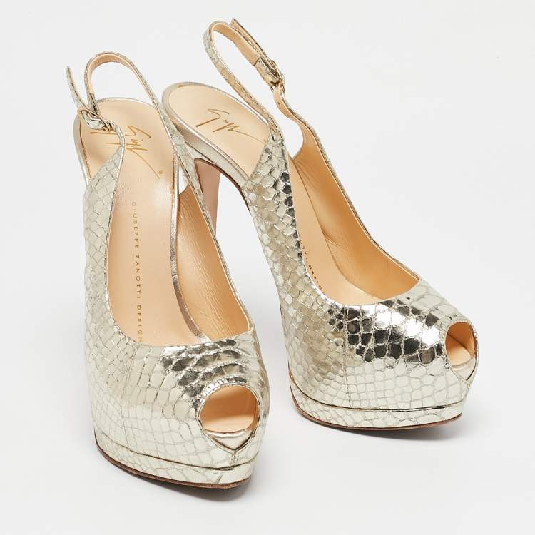 Pre Owned Giuseppe Zanotti Gold Python Embossed Leather Peep Toe Slingback Sandals Size 37.5