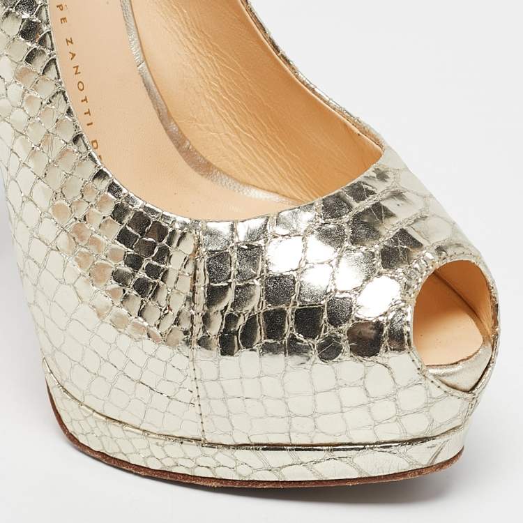 Pre Owned Giuseppe Zanotti Gold Python Embossed Leather Peep Toe Slingback Sandals Size 37.5