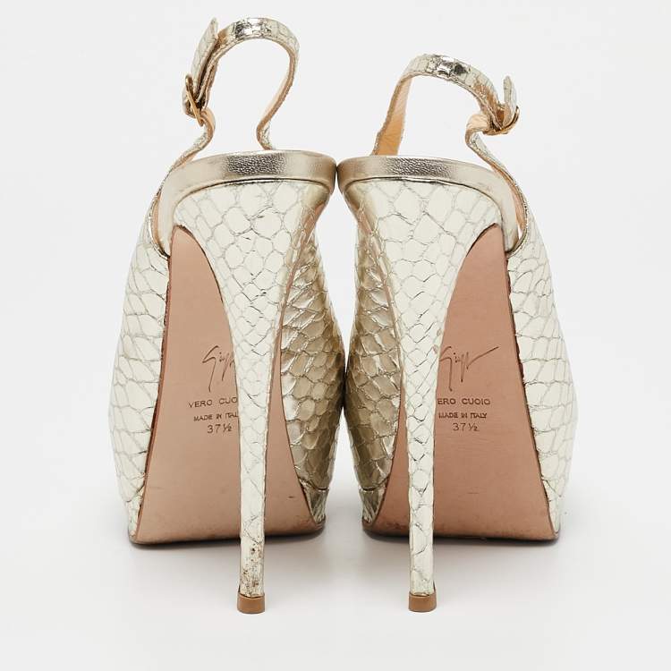 Pre Owned Giuseppe Zanotti Gold Python Embossed Leather Peep Toe Slingback Sandals Size 37.5