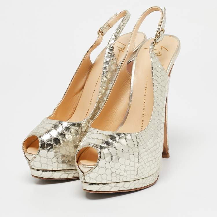 Pre Owned Giuseppe Zanotti Gold Python Embossed Leather Peep Toe Slingback Sandals Size 37.5