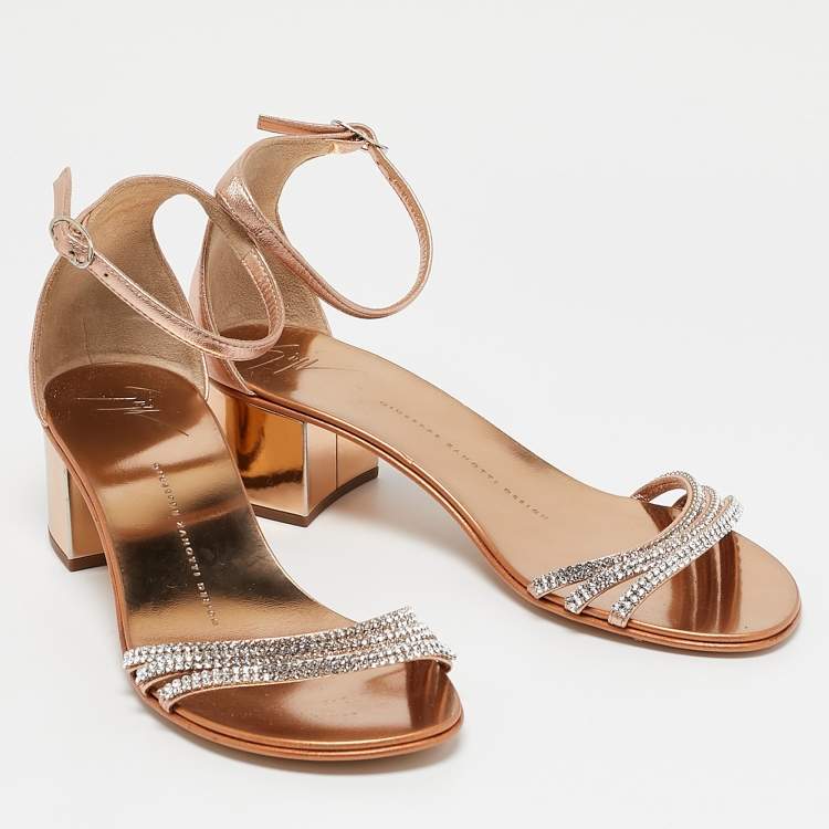 Pre Owned Giuseppe Zanotti Metallic Gold Leather Crystal Embellished Ankle Strap Flat Sandals Size 36